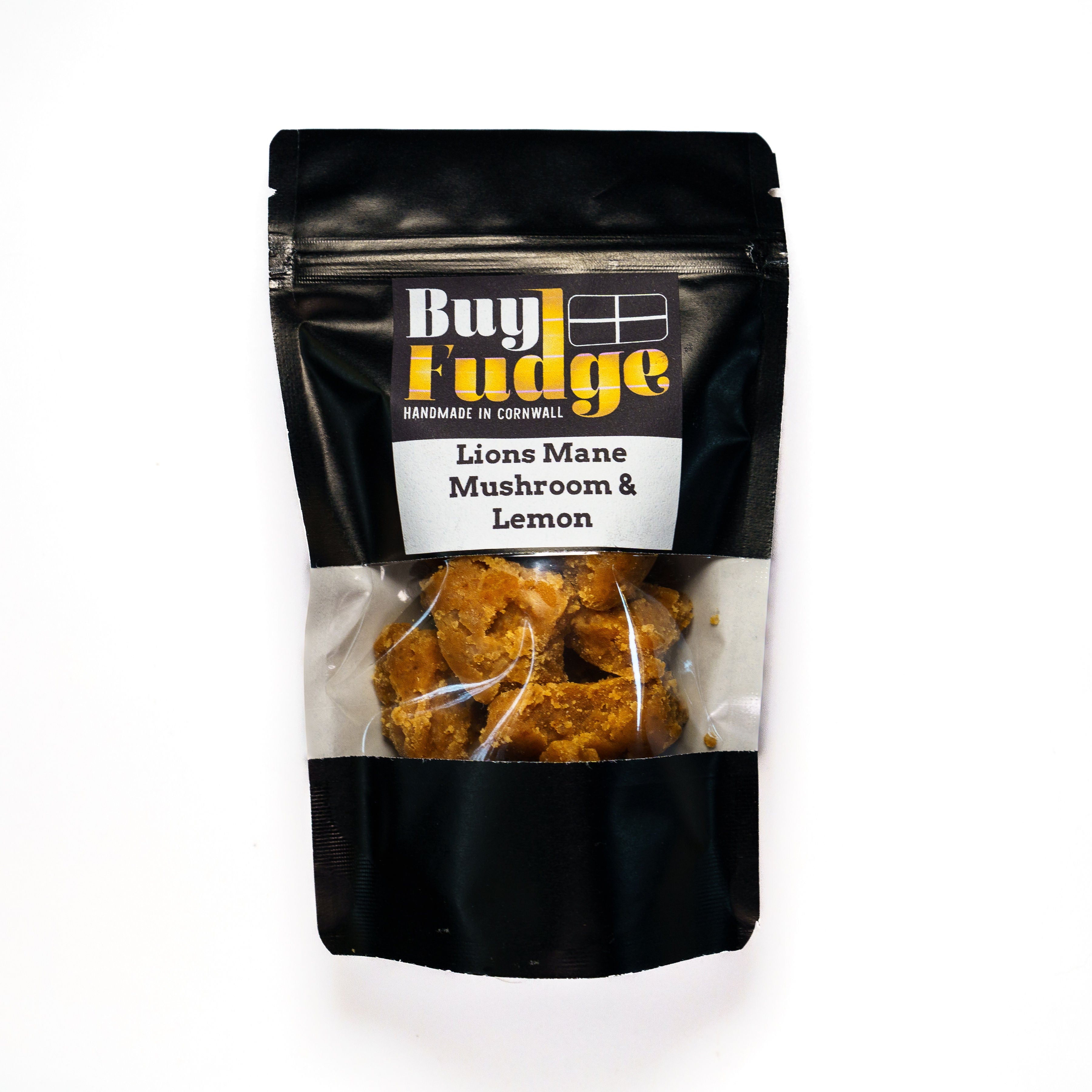 Lion's Mane Mushroom and Lemon Fudge Handmade in Cornwall On A White Background