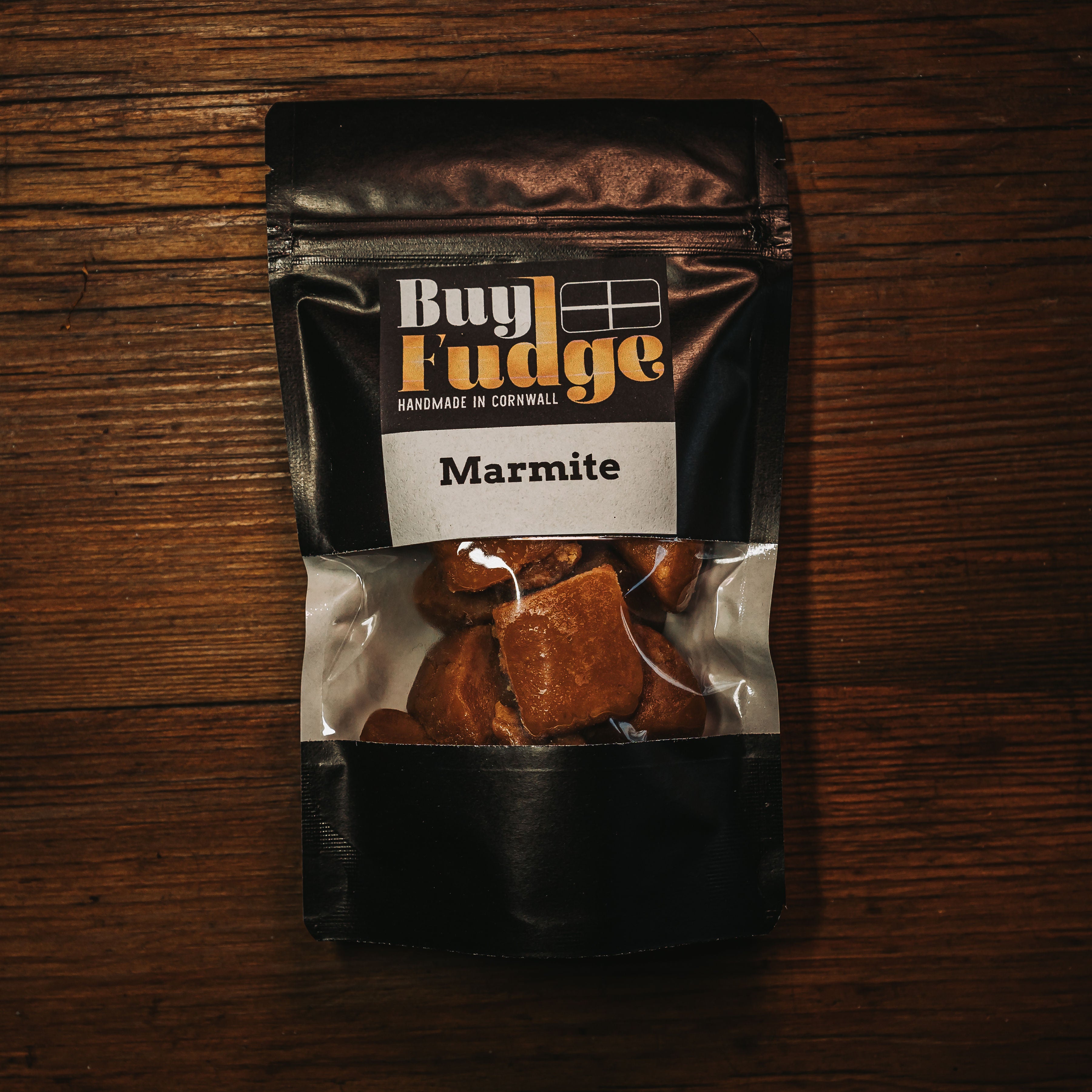 Marmite Cornish Clotted Cream Fudge Handmade in Cornwall On A Wooden Background